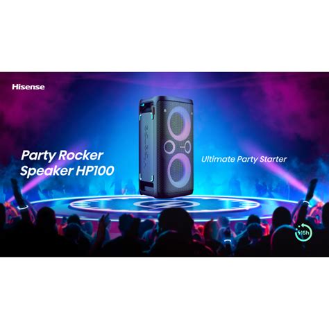 HISENSE HP100 Party Speaker; 300W Max Audio Power; 15 Hours Long-lasting Battery; 5 Lighting Effects; Karaoke Mode; Wireless Charge; 5 DJ Effects; IPX4 Waterproof on Top Panel; LED Display; FM Built-in; Bluetooth 5.0